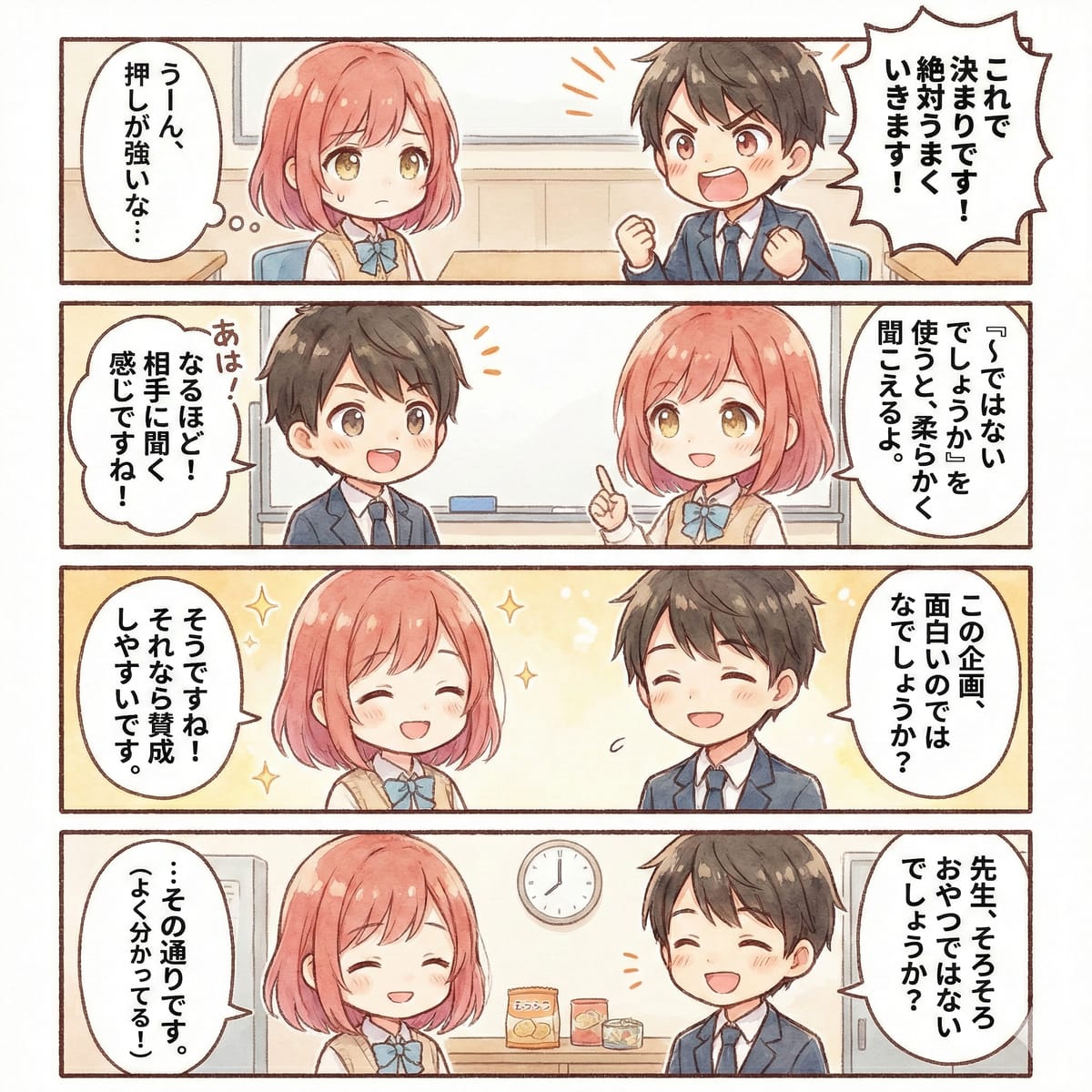 Komik 4 panel: perbualan menggunakan 「〜ではないでしょうか」 (ungkapan lembut untuk meminta persetujuan)